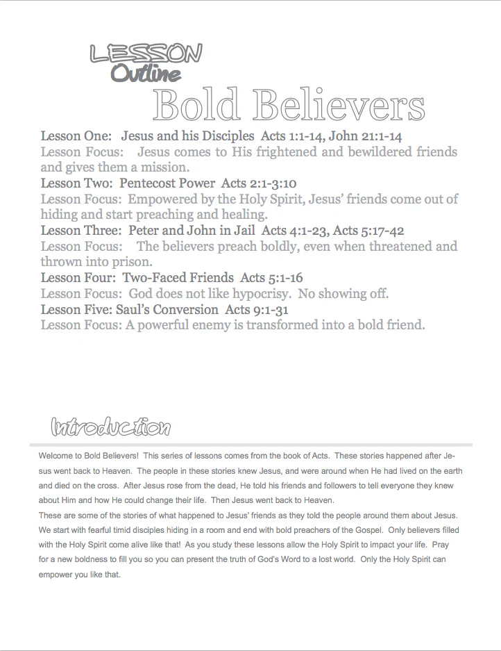 Bold Believers 1 VBS Curriculum table of contents