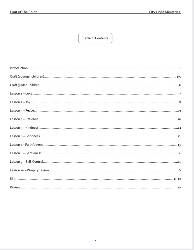 Fruit of the Spirit VBS Curriculum table of contents