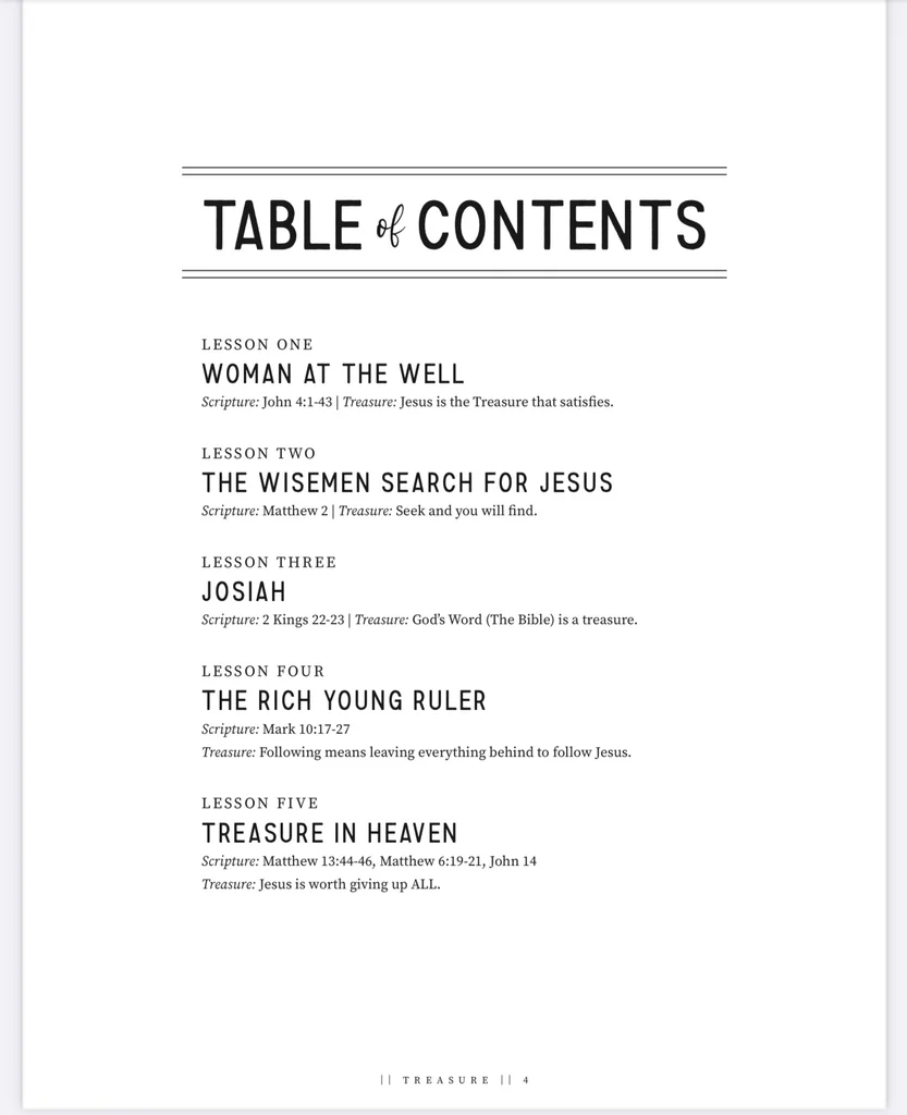 Treasure VBS Curriculum table of contents